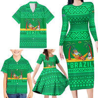 Brazil Christmas Family Matching Long Sleeve Bodycon Dress and Hawaiian Shirt with Santa Relaxing in Hammock Palm Trees Snowman and Tribal Pattern Design - Wonder Print Shop