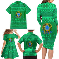Brazil Christmas Family Matching Long Sleeve Bodycon Dress and Hawaiian Shirt with Santa Relaxing in Hammock Palm Trees Snowman and Tribal Pattern Design - Wonder Print Shop