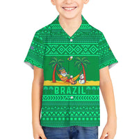 Brazil Christmas Family Matching Long Sleeve Bodycon Dress and Hawaiian Shirt with Santa Relaxing in Hammock Palm Trees Snowman and Tribal Pattern Design - Wonder Print Shop