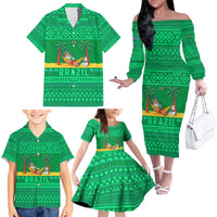 Brazil Christmas Family Matching Off The Shoulder Long Sleeve Dress and Hawaiian Shirt with Santa Relaxing in Hammock Palm Trees Snowman and Tribal Pattern Design - Wonder Print Shop