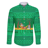 Brazil Christmas Family Matching Off The Shoulder Long Sleeve Dress and Hawaiian Shirt with Santa Relaxing in Hammock Palm Trees Snowman and Tribal Pattern Design - Wonder Print Shop