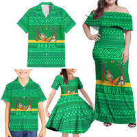 Brazil Christmas Family Matching Off Shoulder Maxi Dress and Hawaiian Shirt with Santa Relaxing in Hammock Palm Trees Snowman and Tribal Pattern Design - Wonder Print Shop