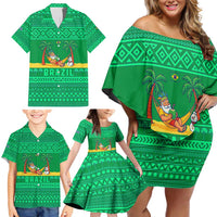 Brazil Christmas Family Matching Off Shoulder Short Dress and Hawaiian Shirt with Santa Relaxing in Hammock Palm Trees Snowman and Tribal Pattern Design - Wonder Print Shop
