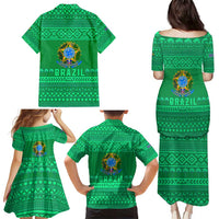 Brazil Christmas Family Matching Puletasi and Hawaiian Shirt with Santa Relaxing in Hammock Palm Trees Snowman and Tribal Pattern Design - Wonder Print Shop