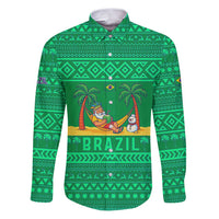 Brazil Christmas Family Matching Puletasi and Hawaiian Shirt with Santa Relaxing in Hammock Palm Trees Snowman and Tribal Pattern Design - Wonder Print Shop