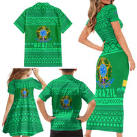 Brazil Christmas Family Matching Short Sleeve Bodycon Dress and Hawaiian Shirt with Santa Relaxing in Hammock Palm Trees Snowman and Tribal Pattern Design - Wonder Print Shop