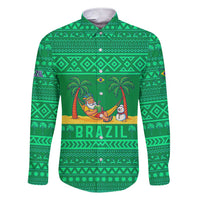 Brazil Christmas Family Matching Short Sleeve Bodycon Dress and Hawaiian Shirt with Santa Relaxing in Hammock Palm Trees Snowman and Tribal Pattern Design - Wonder Print Shop