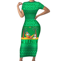 Brazil Christmas Family Matching Short Sleeve Bodycon Dress and Hawaiian Shirt with Santa Relaxing in Hammock Palm Trees Snowman and Tribal Pattern Design - Wonder Print Shop