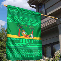 Brazil Christmas Garden Flag with Santa Relaxing in Hammock Palm Trees Snowman and Tribal Pattern Design - Wonder Print Shop