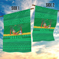 Brazil Christmas Garden Flag with Santa Relaxing in Hammock Palm Trees Snowman and Tribal Pattern Design - Wonder Print Shop