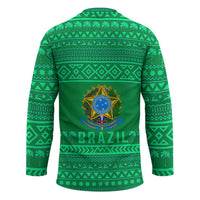Brazil Christmas Hockey Jersey with Santa Relaxing in Hammock Palm Trees Snowman and Tribal Pattern Design - Wonder Print Shop