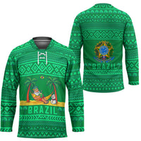 Brazil Christmas Hockey Jersey with Santa Relaxing in Hammock Palm Trees Snowman and Tribal Pattern Design - Wonder Print Shop