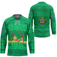 Brazil Christmas Hockey Jersey with Santa Relaxing in Hammock Palm Trees Snowman and Tribal Pattern Design - Wonder Print Shop