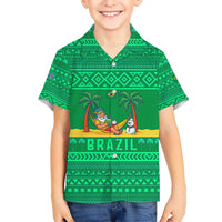 Brazil Christmas Kid Hawaiian Shirt with Santa Relaxing in Hammock Palm Trees Snowman and Tribal Pattern Design - Wonder Print Shop