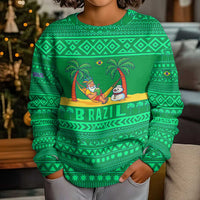 Brazil Christmas Kid Ugly Christmas Sweater with Santa Relaxing in Hammock Palm Trees Snowman and Tribal Pattern Design - Wonder Print Shop