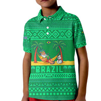 Brazil Christmas Kid Polo Shirt with Santa Relaxing in Hammock Palm Trees Snowman and Tribal Pattern Design - Wonder Print Shop