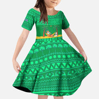 Brazil Christmas Kid Short Sleeve Dress with Santa Relaxing in Hammock Palm Trees Snowman and Tribal Pattern Design - Wonder Print Shop
