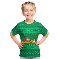 Brazil Christmas Kid T Shirt with Santa Relaxing in Hammock Palm Trees Snowman and Tribal Pattern Design - Wonder Print Shop