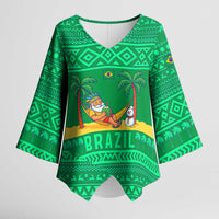 Brazil Christmas Kimono Sleeve Blouse with Santa Relaxing in Hammock Palm Trees Snowman and Tribal Pattern Design - Wonder Print Shop