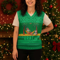 Brazil Christmas Knitted V-Neck Vest with Santa Relaxing in Hammock Palm Trees Snowman and Tribal Pattern Design - Wonder Print Shop