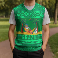 Brazil Christmas Knitted V-Neck Vest with Santa Relaxing in Hammock Palm Trees Snowman and Tribal Pattern Design - Wonder Print Shop