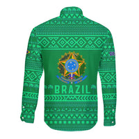 Brazil Christmas Long Sleeve Button Shirt with Santa Relaxing in Hammock Palm Trees Snowman and Tribal Pattern Design - Wonder Print Shop