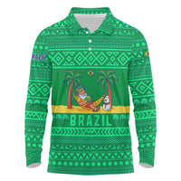 Brazil Christmas Long Sleeve Polo Shirt with Santa Relaxing in Hammock Palm Trees Snowman and Tribal Pattern Design - Wonder Print Shop