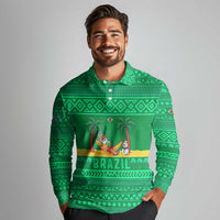 Brazil Christmas Long Sleeve Polo Shirt with Santa Relaxing in Hammock Palm Trees Snowman and Tribal Pattern Design - Wonder Print Shop