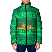 Brazil Christmas Padded Jacket with Santa Relaxing in Hammock Palm Trees Snowman and Tribal Pattern Design - Wonder Print Shop