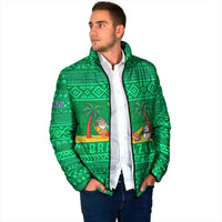 Brazil Christmas Padded Jacket with Santa Relaxing in Hammock Palm Trees Snowman and Tribal Pattern Design - Wonder Print Shop
