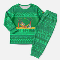 Brazil Christmas Pajama Set with Santa Relaxing in Hammock Palm Trees Snowman and Tribal Pattern Design - Wonder Print Shop