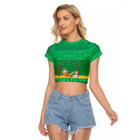 Brazil Christmas Raglan Cropped T Shirt with Santa Relaxing in Hammock Palm Trees Snowman and Tribal Pattern Design - Wonder Print Shop