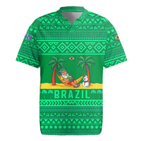 Brazil Christmas Rugby Jersey with Santa Relaxing in Hammock Palm Trees Snowman and Tribal Pattern Design - Wonder Print Shop