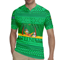 Brazil Christmas Rugby Jersey with Santa Relaxing in Hammock Palm Trees Snowman and Tribal Pattern Design - Wonder Print Shop