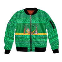 Brazil Christmas Sleeve Zip Bomber Jacket with Santa Relaxing in Hammock Palm Trees Snowman and Tribal Pattern Design - Wonder Print Shop