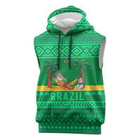 Brazil Christmas Sleeveless Hoodie with Santa Relaxing in Hammock Palm Trees Snowman and Tribal Pattern Design - Wonder Print Shop