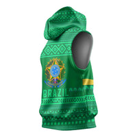 Brazil Christmas Sleeveless Hoodie with Santa Relaxing in Hammock Palm Trees Snowman and Tribal Pattern Design - Wonder Print Shop