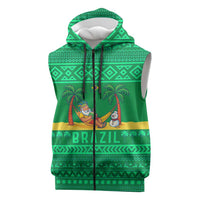Brazil Christmas Sleeveless Zip Hoodie with Santa Relaxing in Hammock Palm Trees Snowman and Tribal Pattern Design - Wonder Print Shop