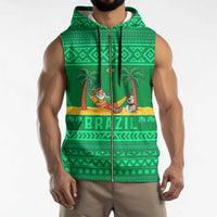 Brazil Christmas Sleeveless Zip Hoodie with Santa Relaxing in Hammock Palm Trees Snowman and Tribal Pattern Design - Wonder Print Shop