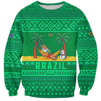 Brazil Christmas Sweatshirt with Santa Relaxing in Hammock Palm Trees Snowman and Tribal Pattern Design - Wonder Print Shop