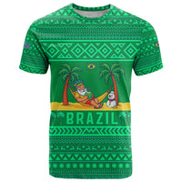 Brazil Christmas T Shirt with Santa Relaxing in Hammock Palm Trees Snowman and Tribal Pattern Design - Wonder Print Shop