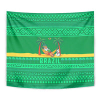Brazil Christmas Tapestry with Santa Relaxing in Hammock Palm Trees Snowman and Tribal Pattern Design - Wonder Print Shop
