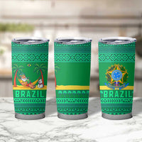 Brazil Christmas Tumbler Cup with Santa Relaxing in Hammock Palm Trees Snowman and Tribal Pattern Design - Wonder Print Shop