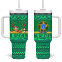 Brazil Christmas Tumbler With Handle with Santa Relaxing in Hammock Palm Trees Snowman and Tribal Pattern Design - Wonder Print Shop