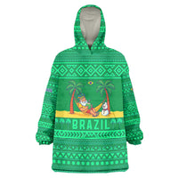 Brazil Christmas Wearable Blanket Hoodie with Santa Relaxing in Hammock Palm Trees Snowman and Tribal Pattern Design - Wonder Print Shop