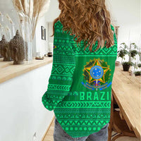 Brazil Christmas Women Casual Shirt with Santa Relaxing in Hammock Palm Trees Snowman and Tribal Pattern Design - Wonder Print Shop