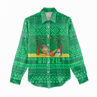 Brazil Christmas Women Casual Shirt with Santa Relaxing in Hammock Palm Trees Snowman and Tribal Pattern Design - Wonder Print Shop