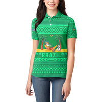 Brazil Christmas Women Polo Shirt with Santa Relaxing in Hammock Palm Trees Snowman and Tribal Pattern Design - Wonder Print Shop