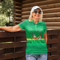 Brazil Christmas Women Polo Shirt with Santa Relaxing in Hammock Palm Trees Snowman and Tribal Pattern Design - Wonder Print Shop