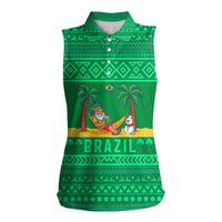 Brazil Christmas Women Sleeveless Polo Shirt with Santa Relaxing in Hammock Palm Trees Snowman and Tribal Pattern Design - Wonder Print Shop